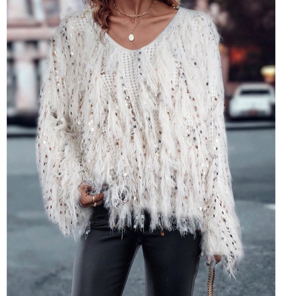 Cozy Fuzzy Multicolor Tassel V neck Loose Fit Sweater Top - Picture 1 of 8